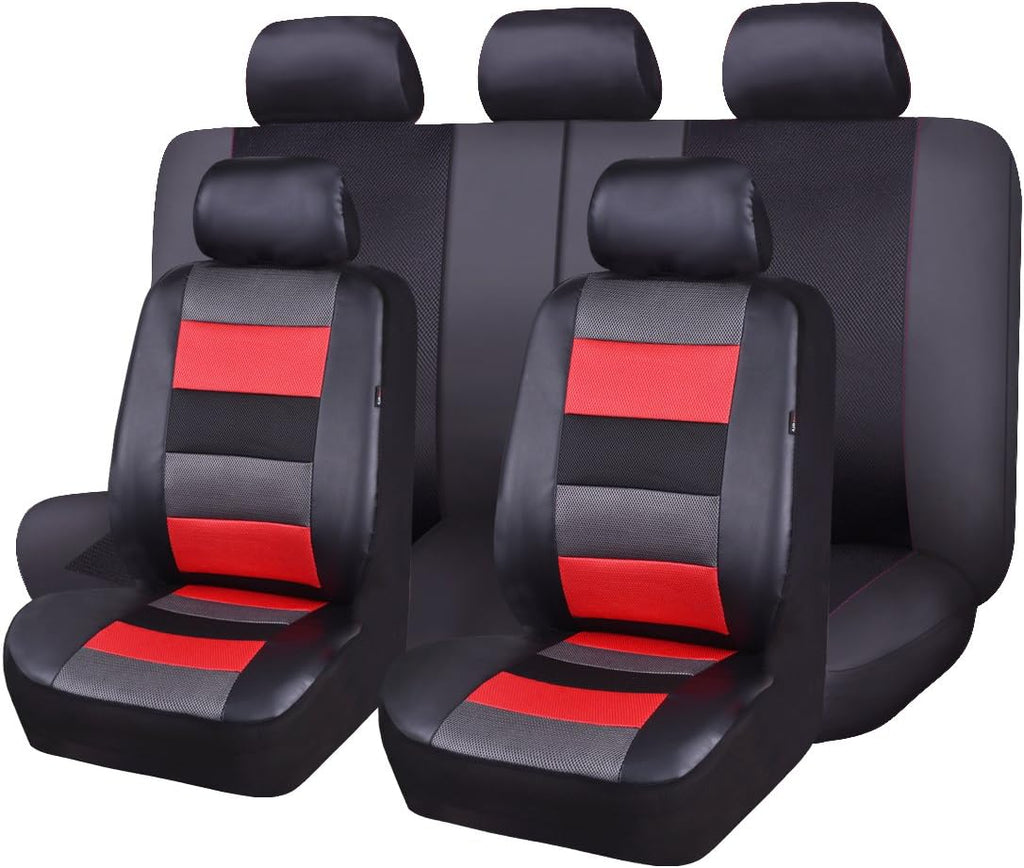 Black Leather and Red Fabric Mesh Car Seat Covers Full Set C438453