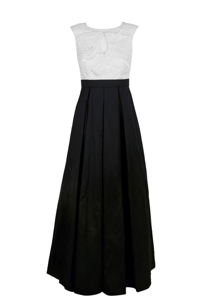 IVORY BLACK Pleated Embroidered Mesh Taffeta Dress X2515