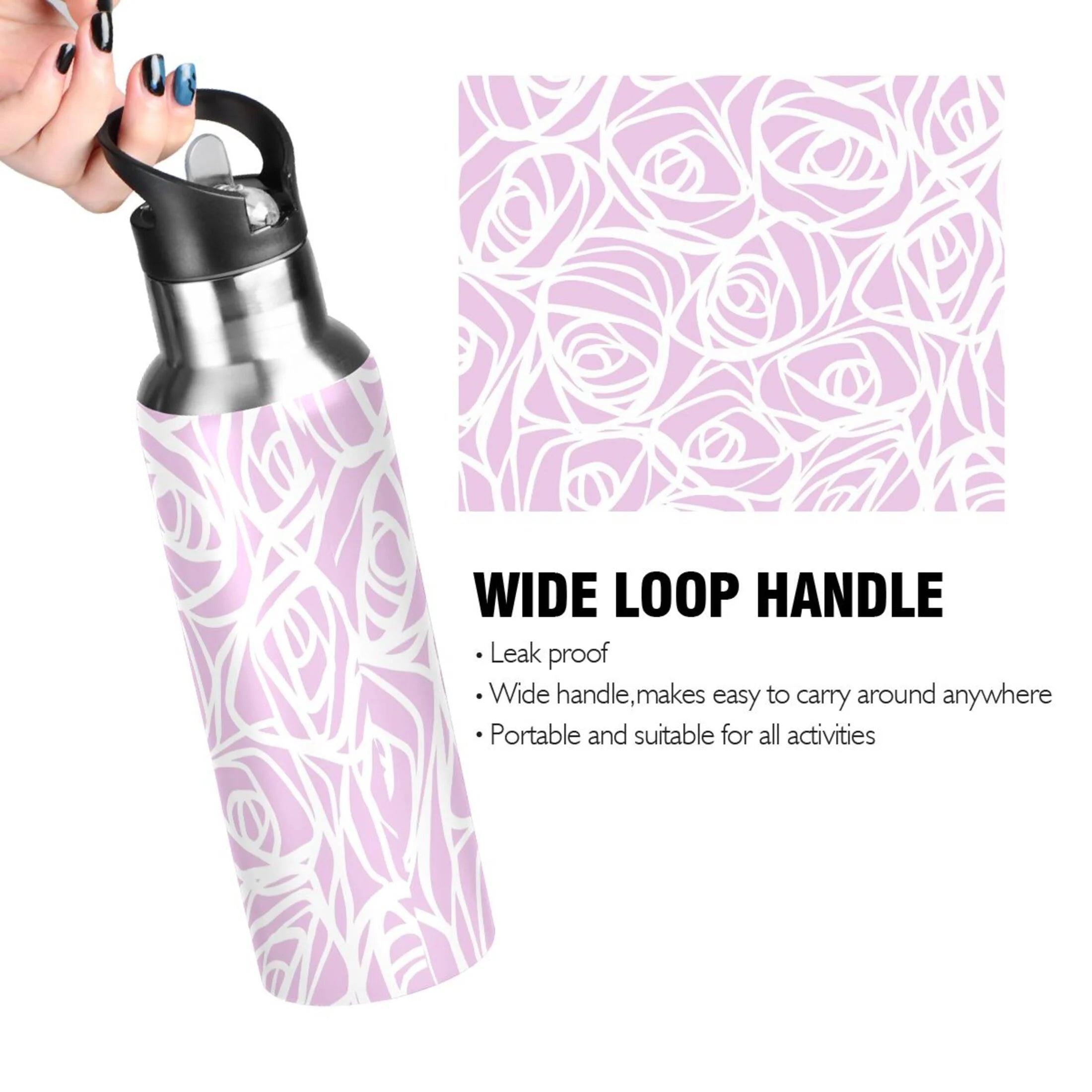 White Rose Flower Pink Stripes Stainless Steel Water Bottle 20 OZ R893475