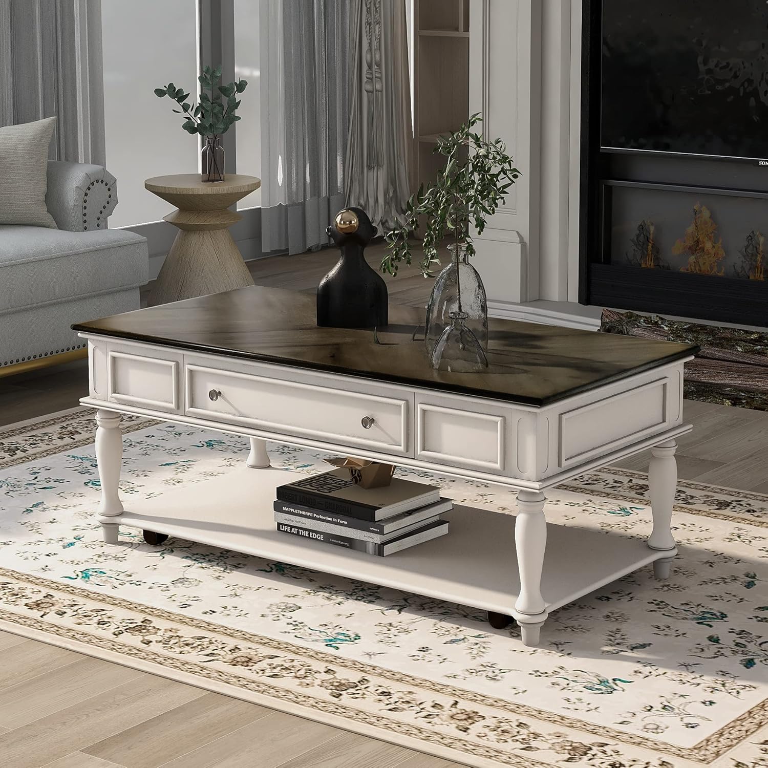 Wood Coffee Table with Drawer and Storage Shelf, Caster Wheels, Retro, Espresso G57574