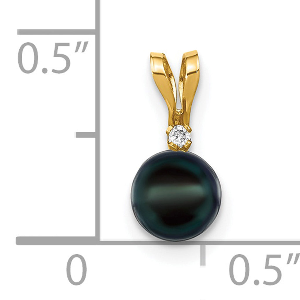 14K Yellow Gold Black Akoya Cultured Pearl Diamond Pendant Charm with Rope Chain Necklace 20'' C533
