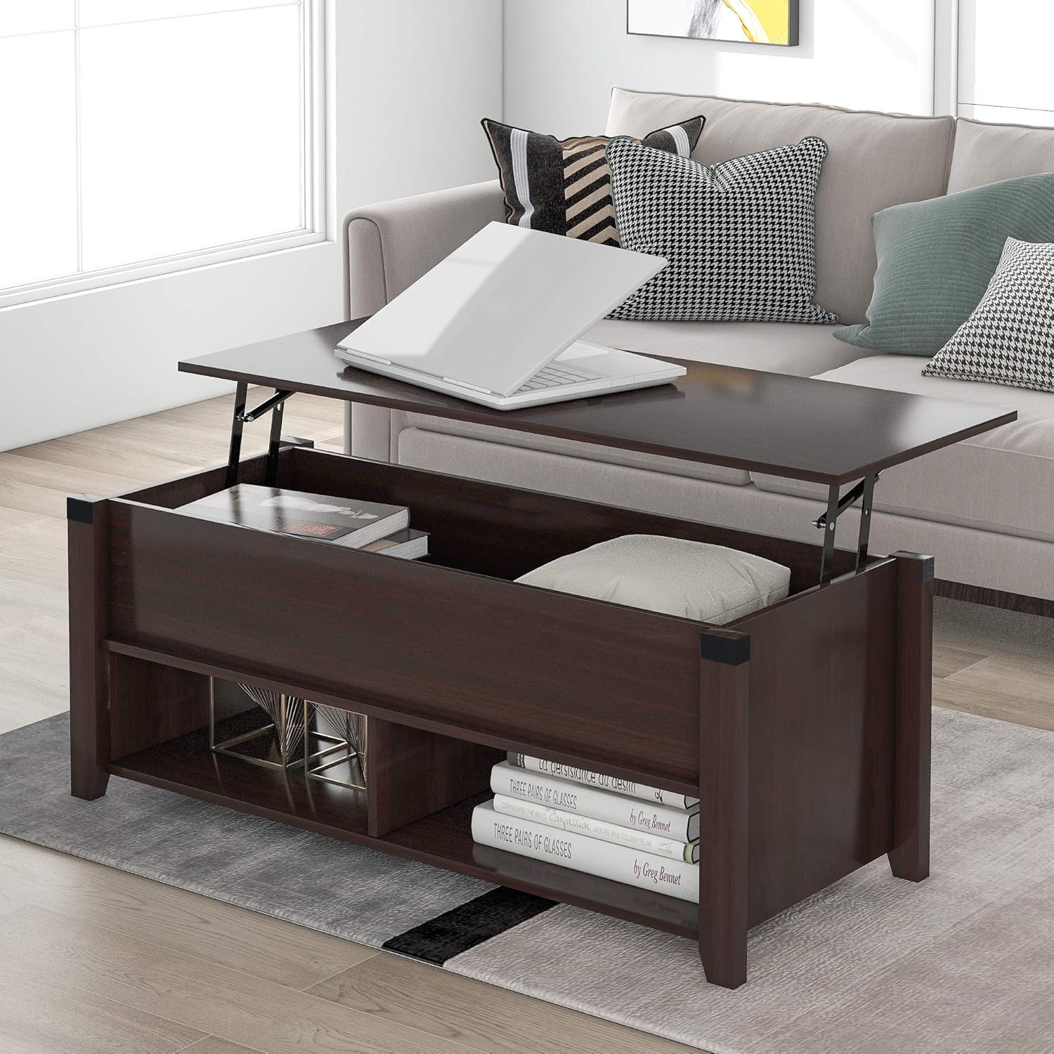 Wood Coffee Table with Drawer and Storage Shelf, Caster Wheels, Retro, Espresso G57574