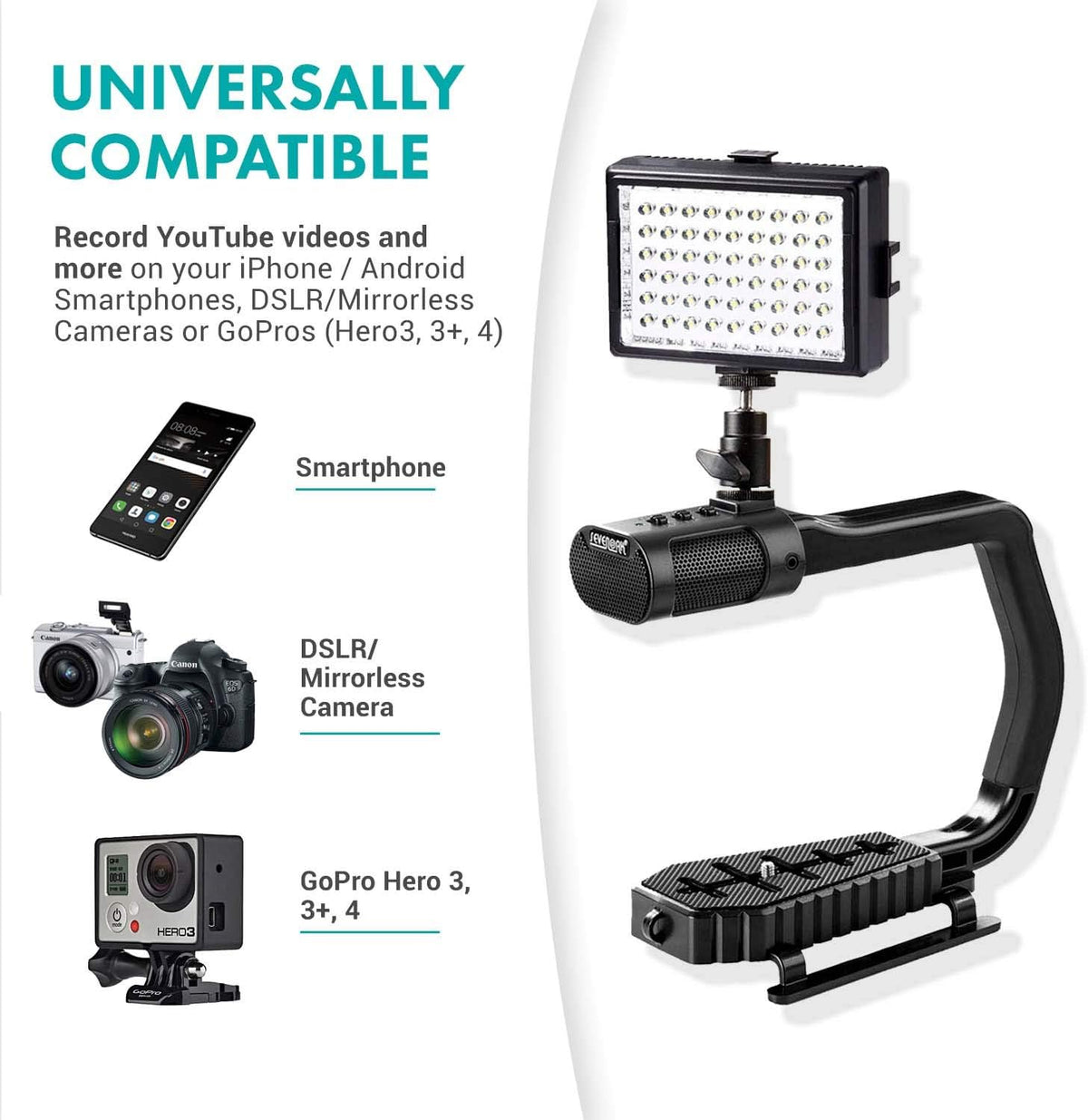 U Grip Handle with Built-in Stereo Microphone, LED Light, and Camera Accessories S146