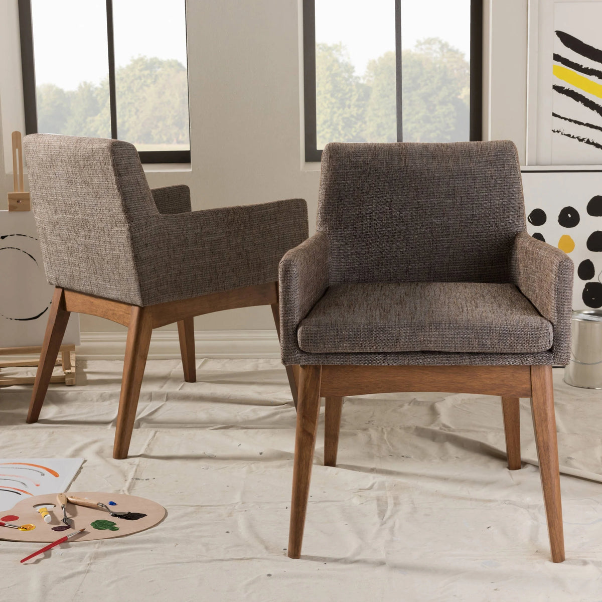 Set of 2 Walnut Wood Fabric Upholstered Arm Chairs K3490