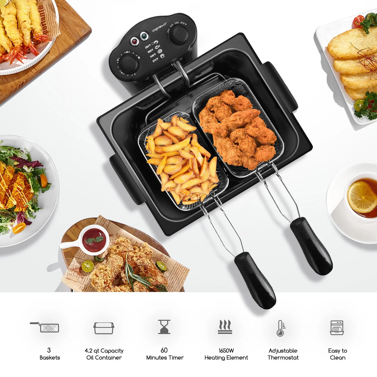 4.2Qt Electric Deep Fryer with 3 Baskets and Lid Z800476