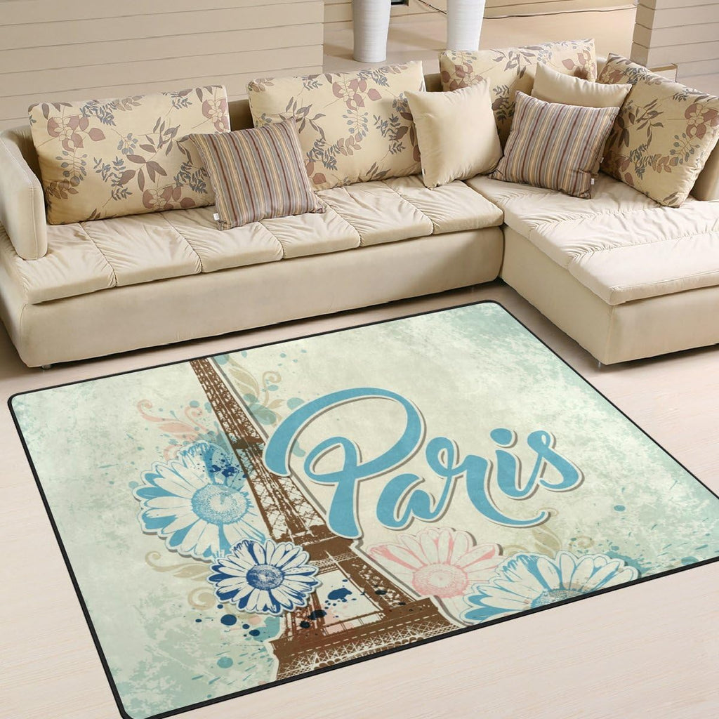 Eiffel Tower Flowers Lightweight Carpet Mats, 6'8" x 4'10" Area Soft Rugs B1589