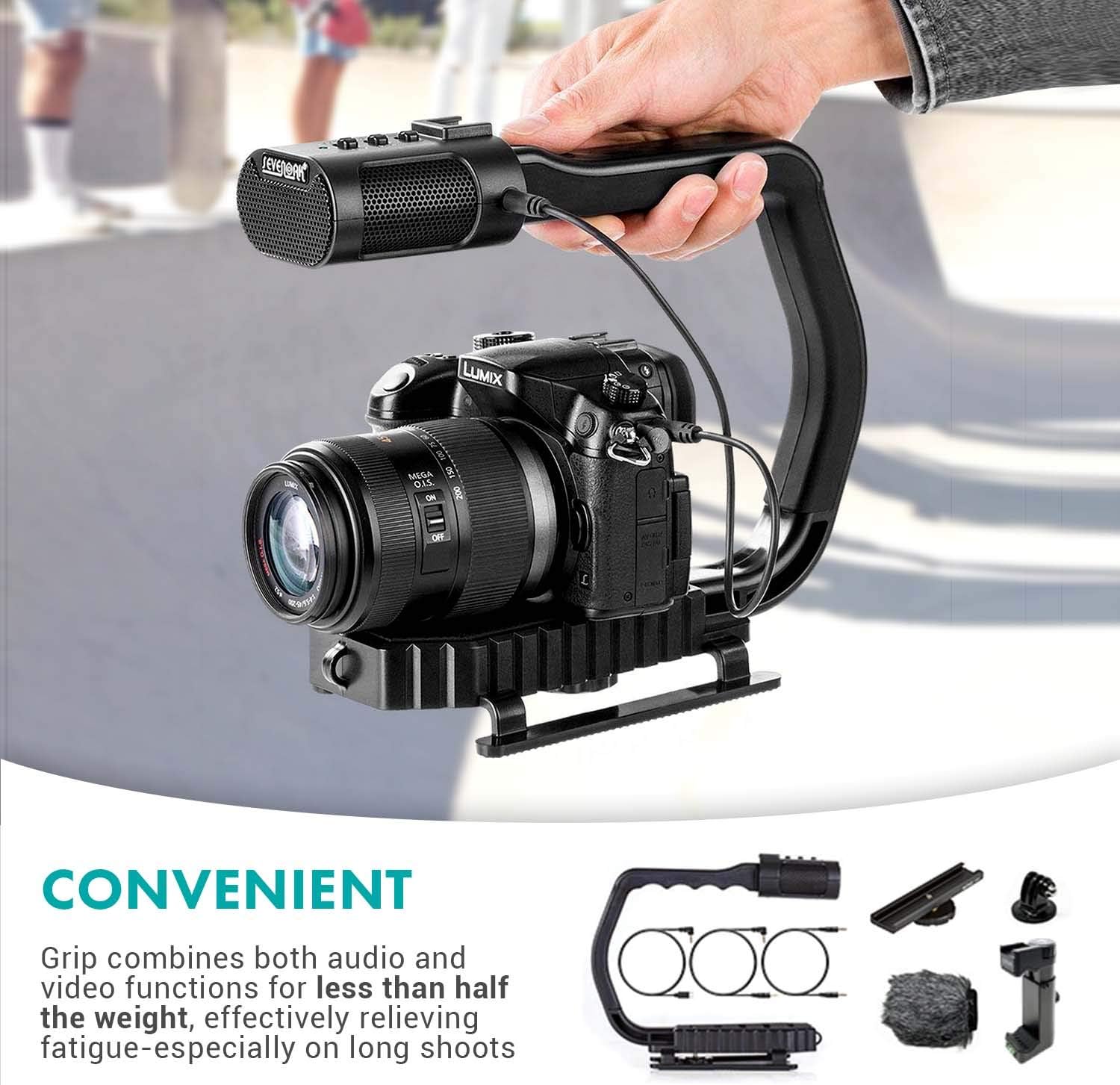U Grip Handle with Built-in Stereo Microphone, LED Light, and Camera Accessories S146