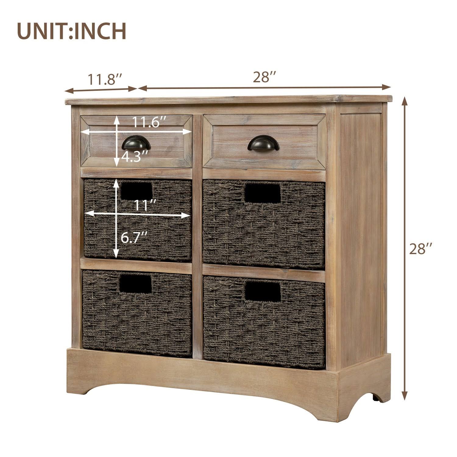 Rustic Storage Cabinet with 2-Drawers and 4 Fabric Basket Dark Brown I811