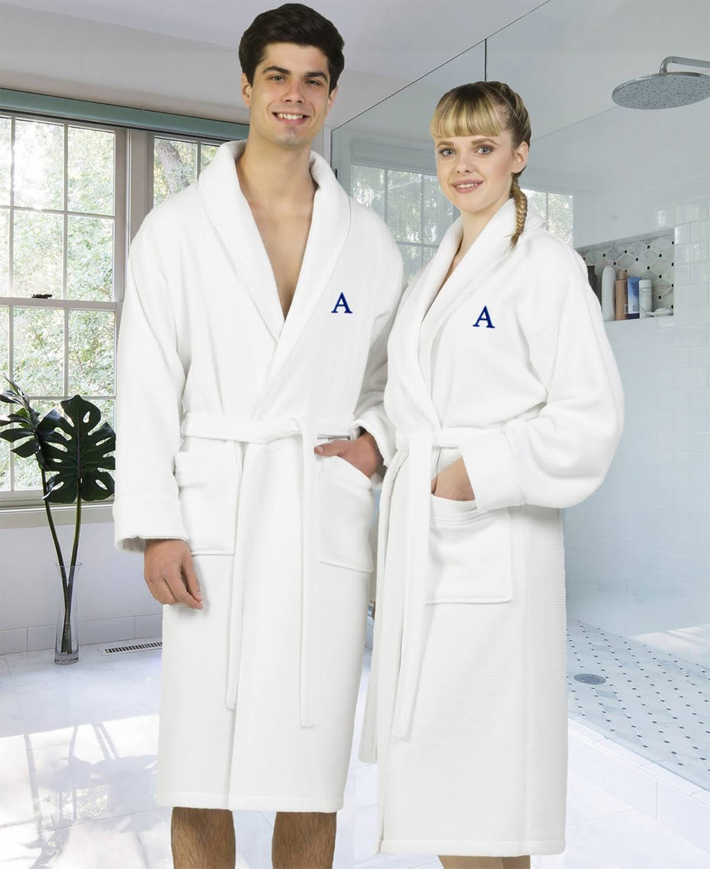 White Navy Turkish Cotton Waffle Terry Bathrobe with Satin Piped Trim S49482