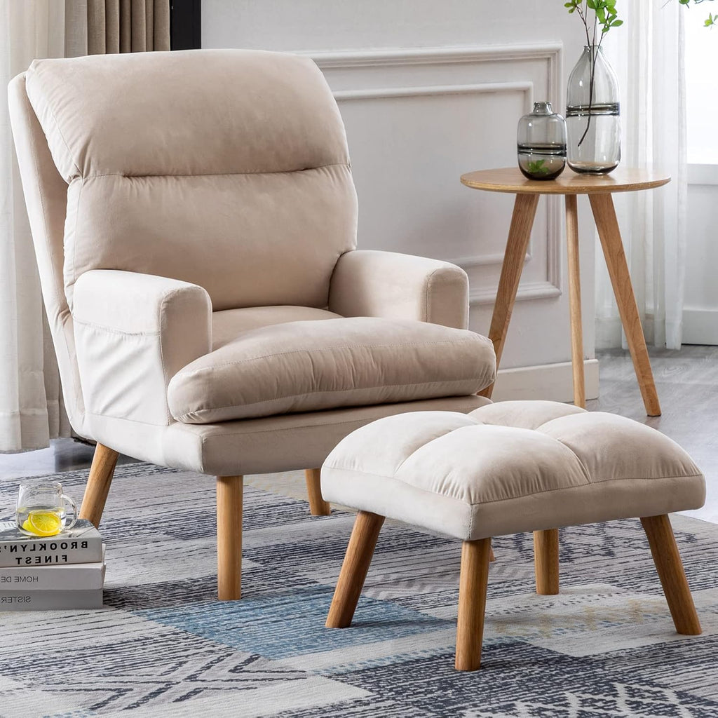 Beige Accent Chair with Ottoman L349