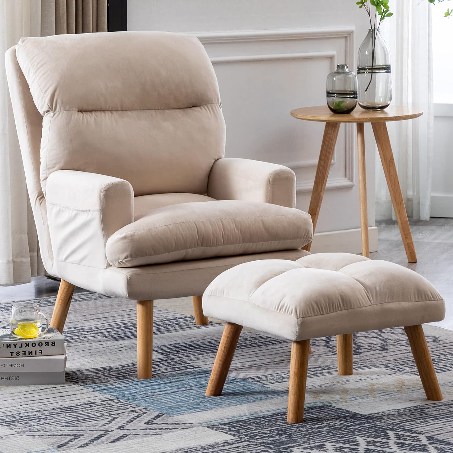 Beige Accent Chair with Ottoman L349