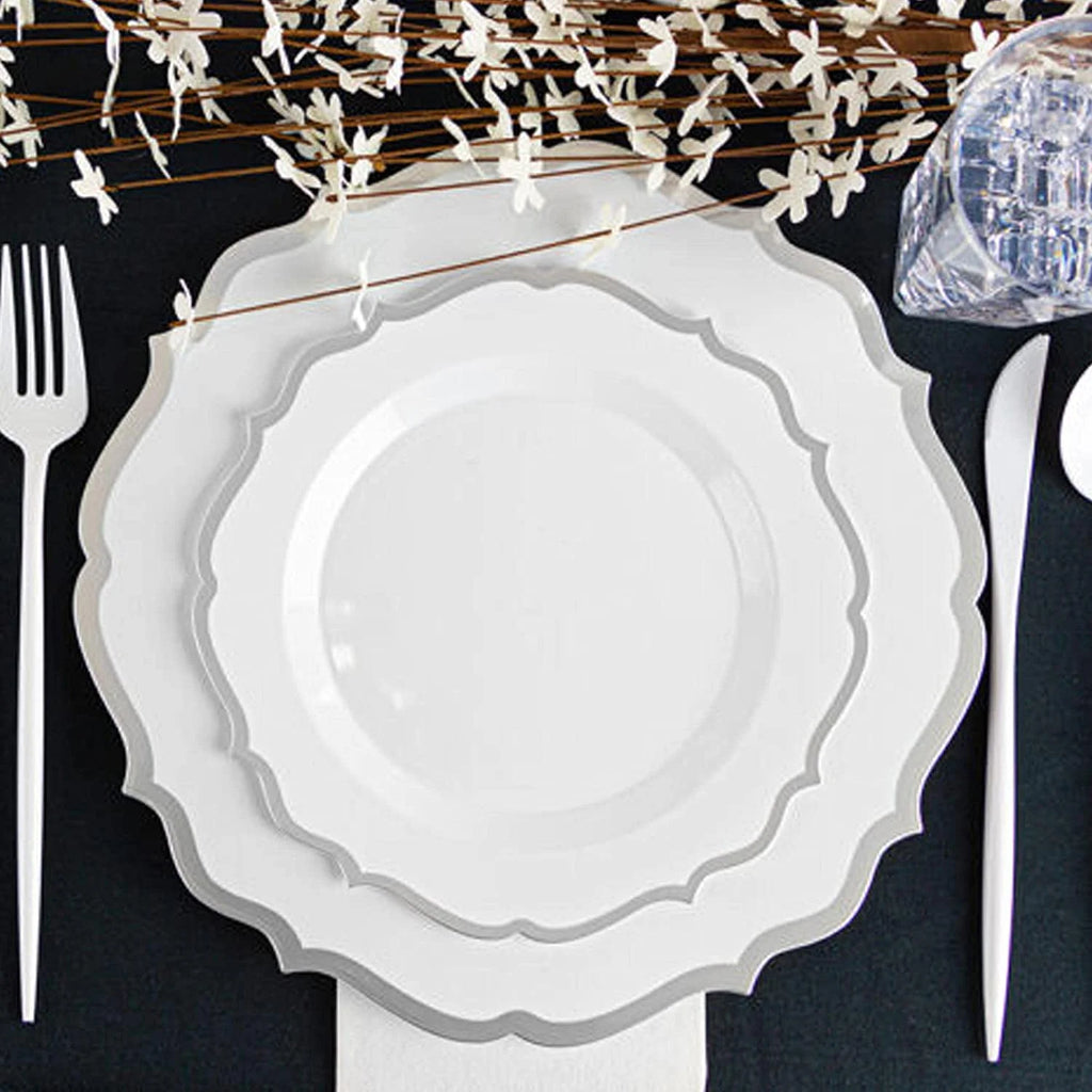 60 PACK White 10.5 inch Round Plastic Plates with Silver Rim Q664211