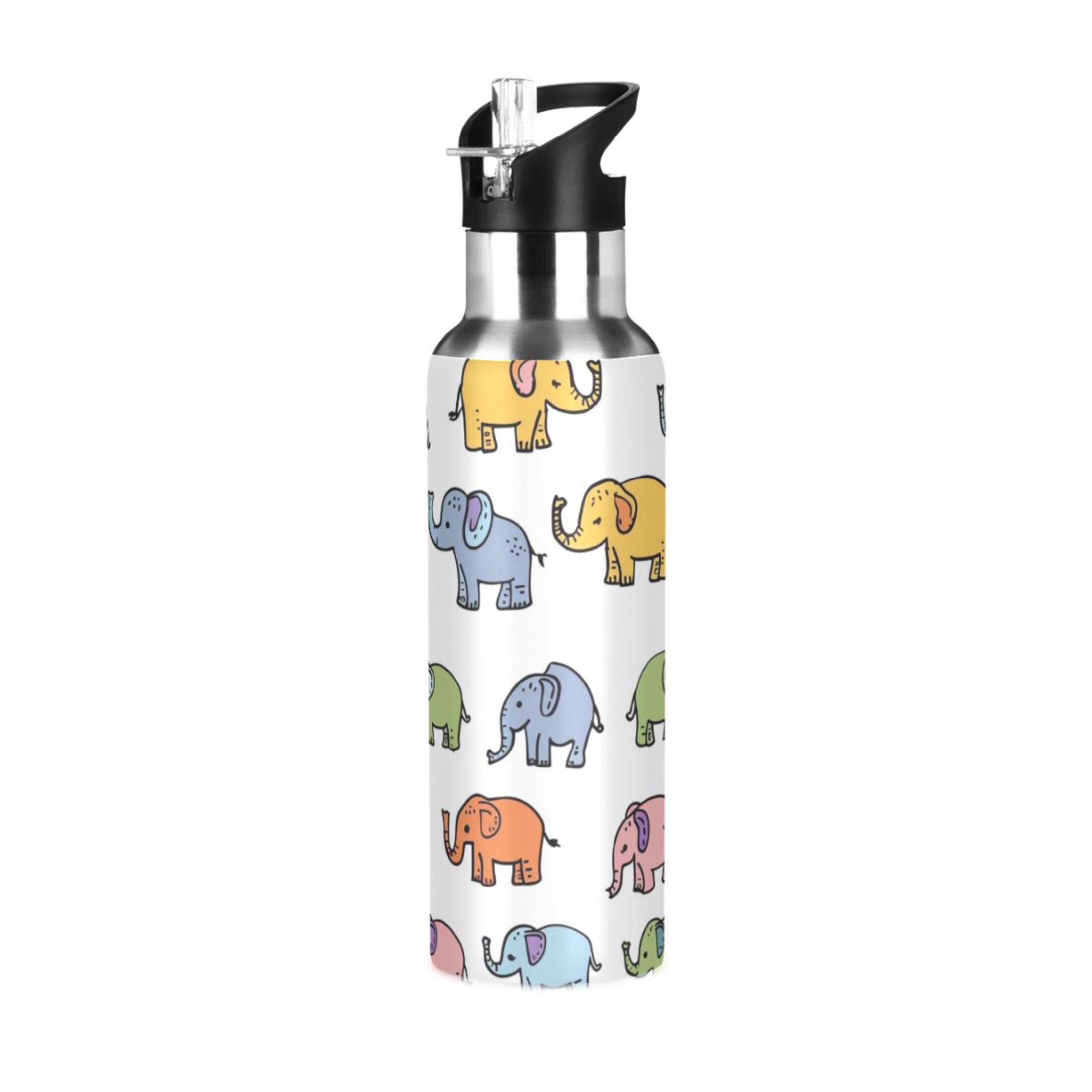 Cartoon Elephants Insulated Stainless Steel Water Bottle with Straw Lid, 20 oz O5055