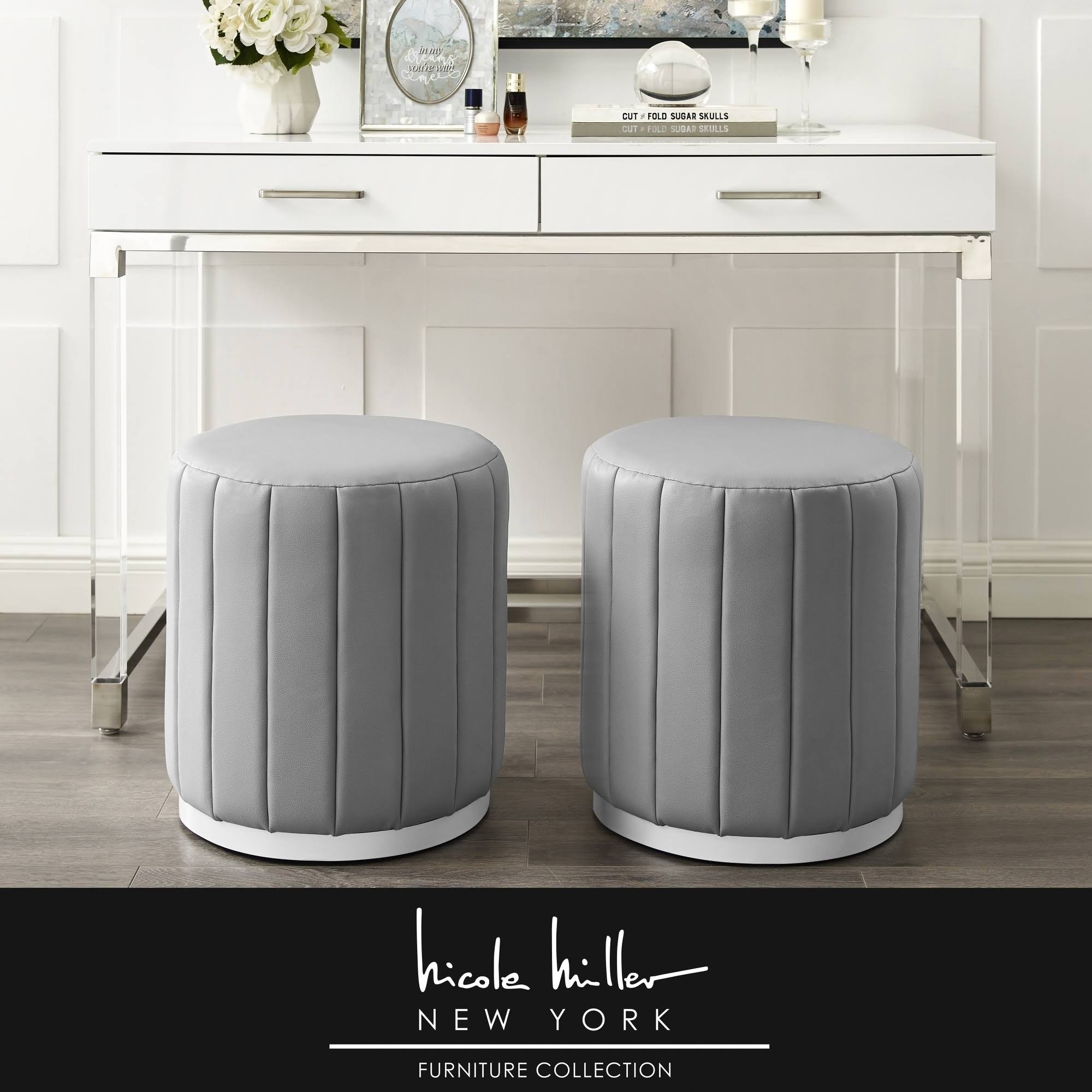 Grey/Silver Leather Round Ottoman W28198
