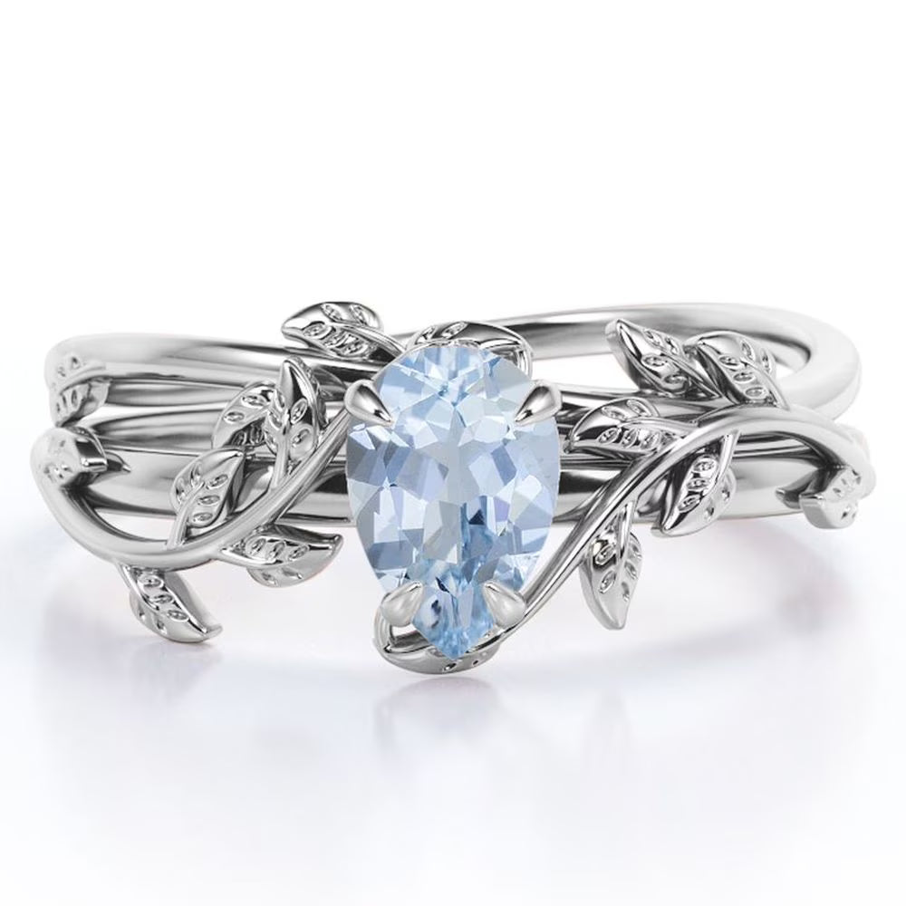 1 Carat Teardrop Created Aquamarine Bridal Ring Set in 18K White Gold Plating over Silver Q775