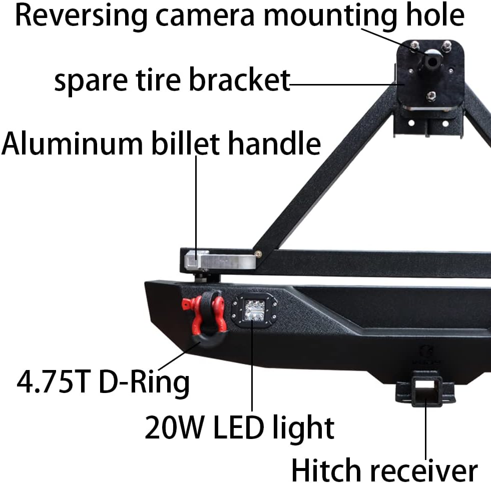 Textured Black Rear Bumper with Tire Bracket, LED Light, D-Ring, Rear Camera Mounting Holes M532