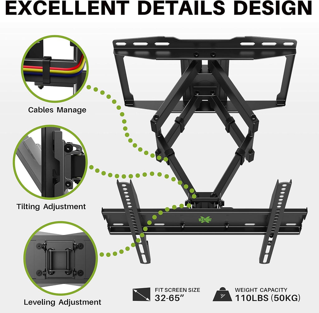 Full Motion TV Wall Mount for 32-65 inch Flat Screen TVs, Max VESA 400x400mm, Holds up to 110lbs, Pack of 2 R261651
