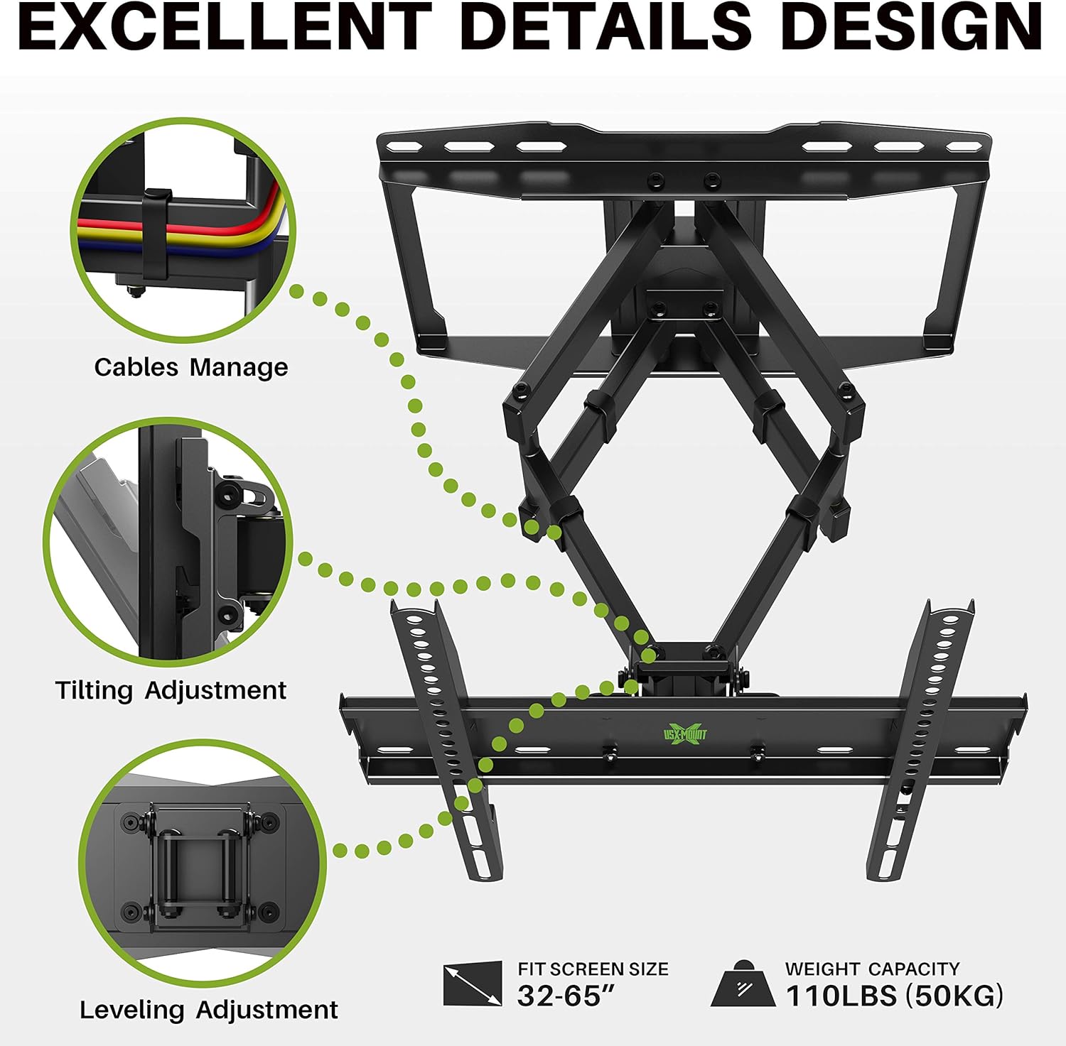 Full Motion TV Wall Mount for 32-65 inch Flat Screen TVs, Max VESA 400x400mm, Holds up to 110lbs, Pack of 2 R261651