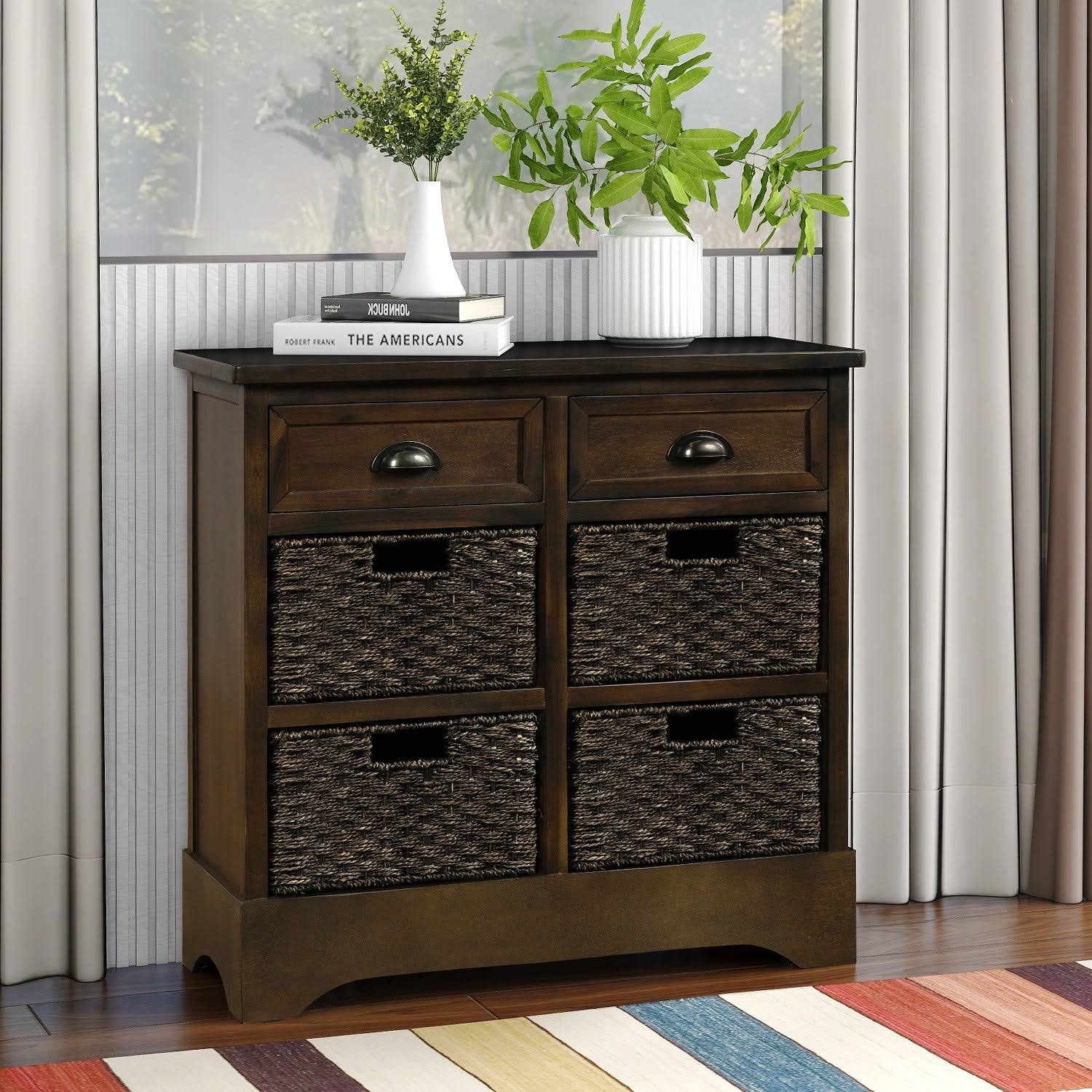 Rustic Storage Cabinet with 2-Drawers and 4 Fabric Basket Dark Brown I811