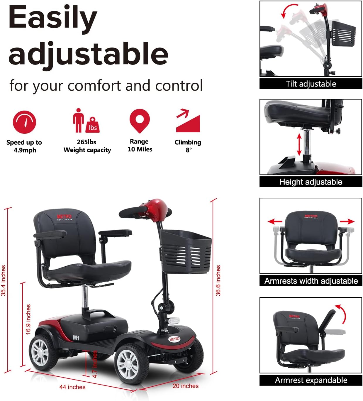 4 Wheel Mobility Scooter with Head Light, Max Speed 5 Mph, Max Load 265lbs, Lightweight and Compact Q779922