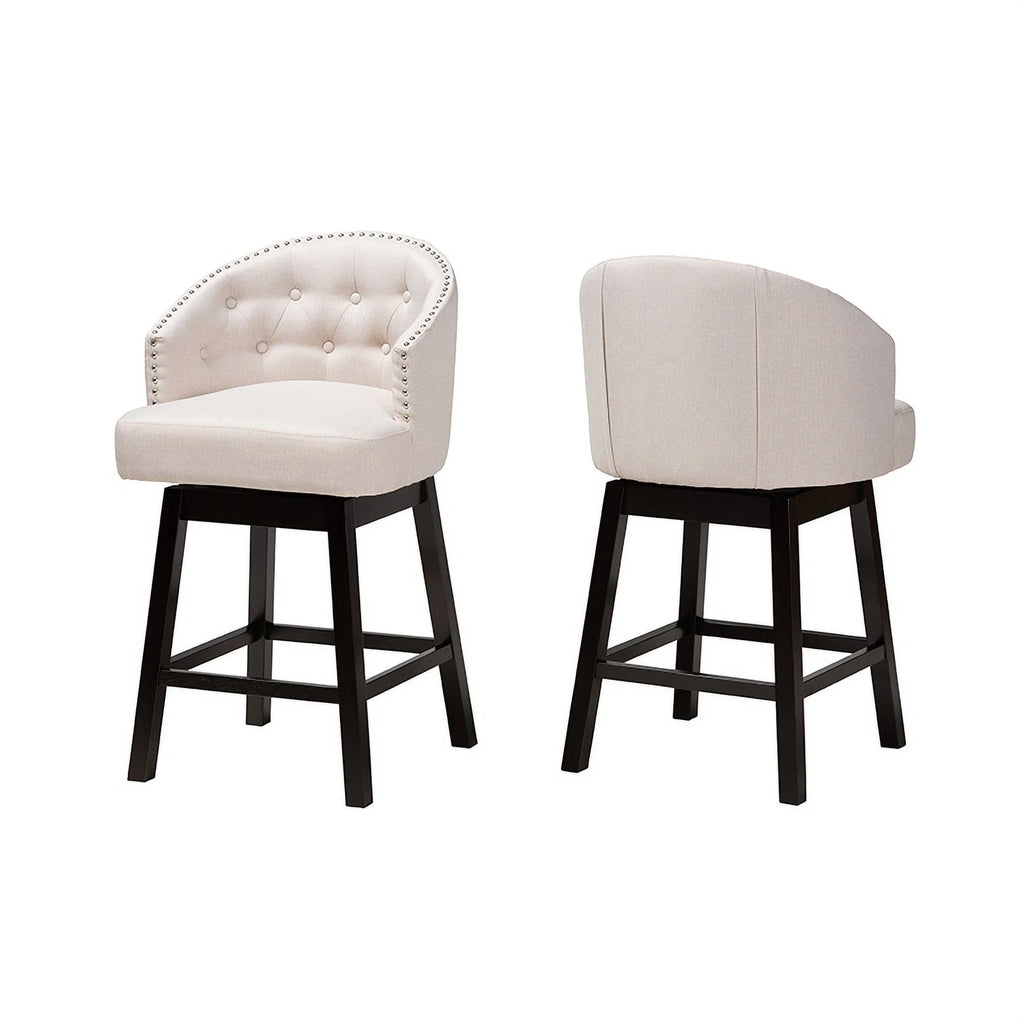 Light Beige Fabric and Espresso Brown Finished Wood 2-Piece Swivel Counter Chair A657