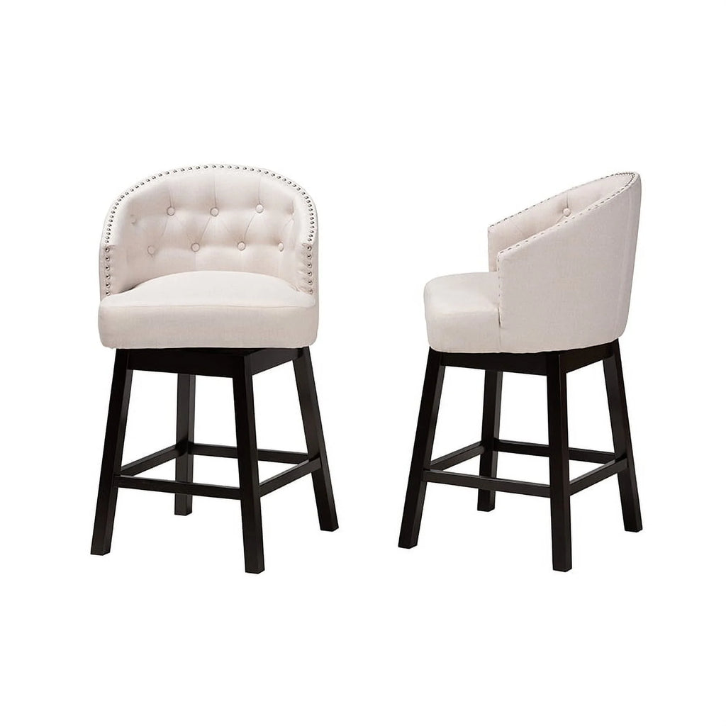 Light Beige Fabric and Espresso Brown Finished Wood 2-Piece Swivel Counter Chair A657