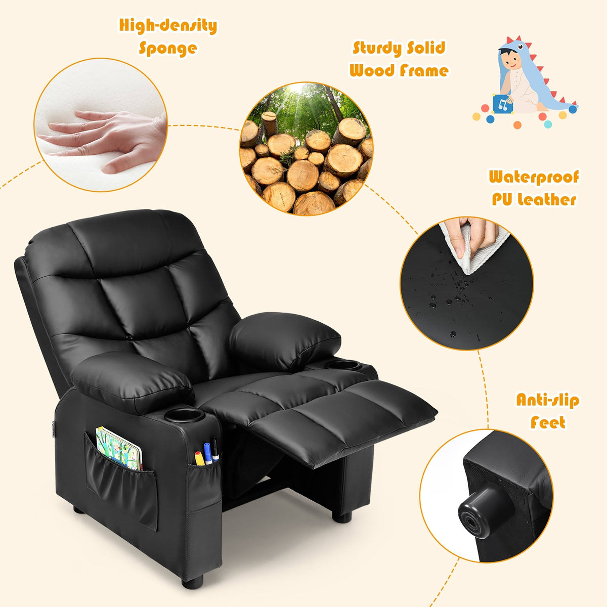 Blue PU Leather Kids Recliner Chair with Cup Holders Z631