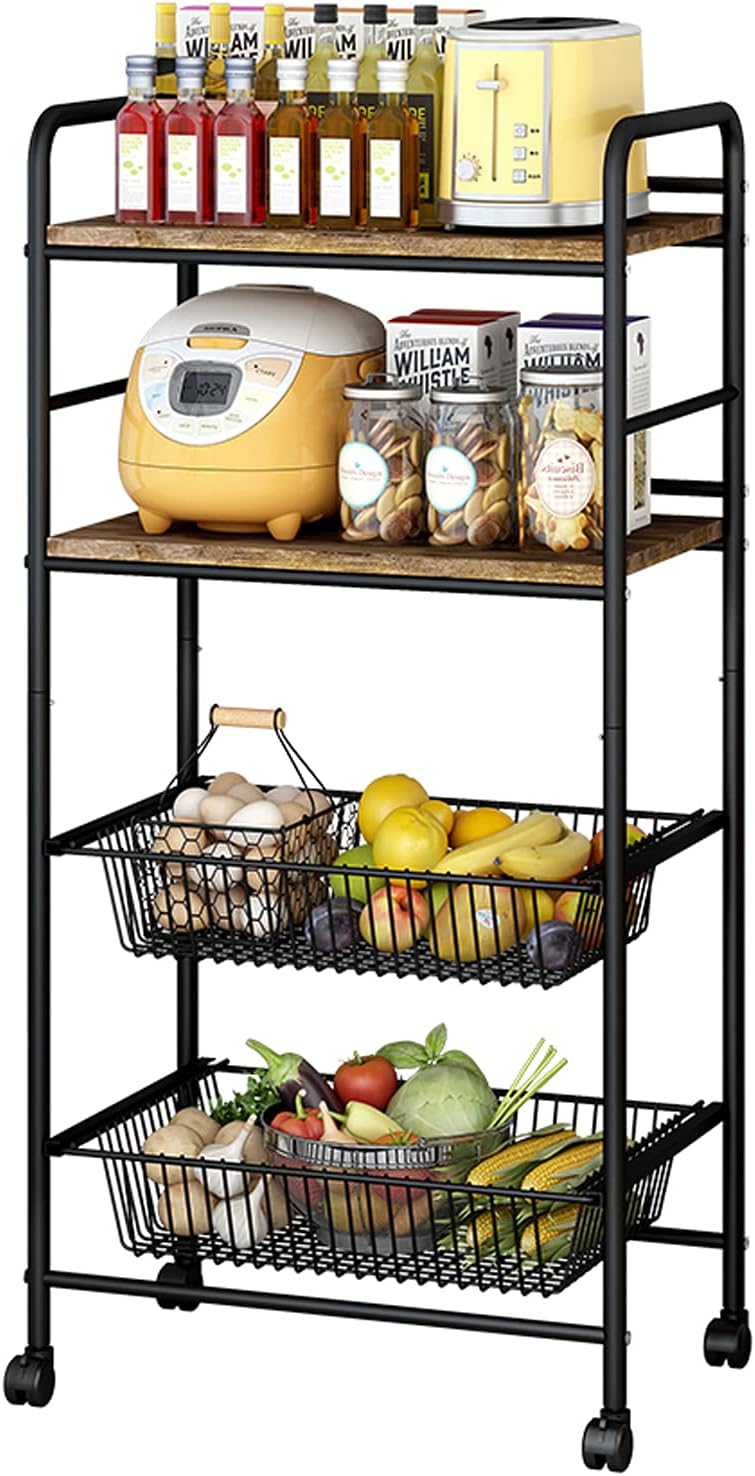 Black 5-Tier Rolling Utility Storage Cart with 3 Basket Drawers B323