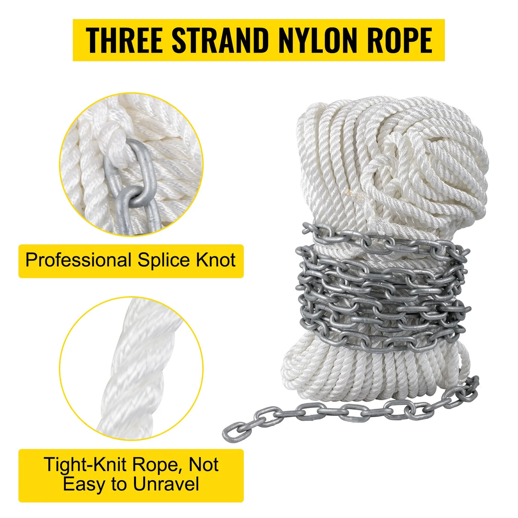 Boat Anchor Chain 15' x 5/16" Galvanized Chain with 1/2" x 200' Nylon Rope N139