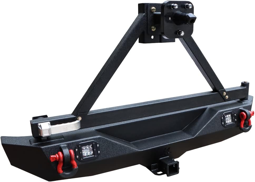 Textured Black Rear Bumper with Tire Bracket, LED Light, D-Ring, Rear Camera Mounting Holes M532