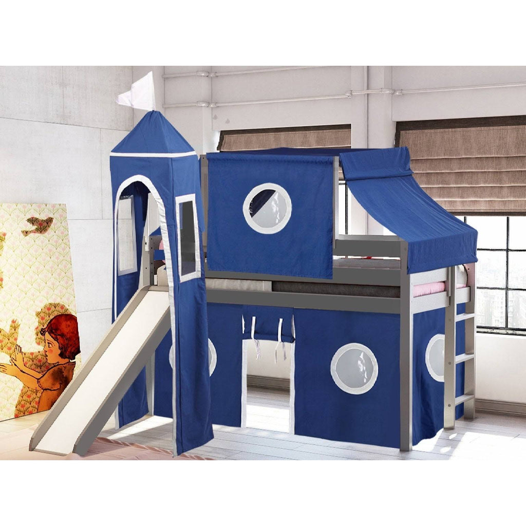 Gray Low Loft Twin Bed with Slide and Tower X9743