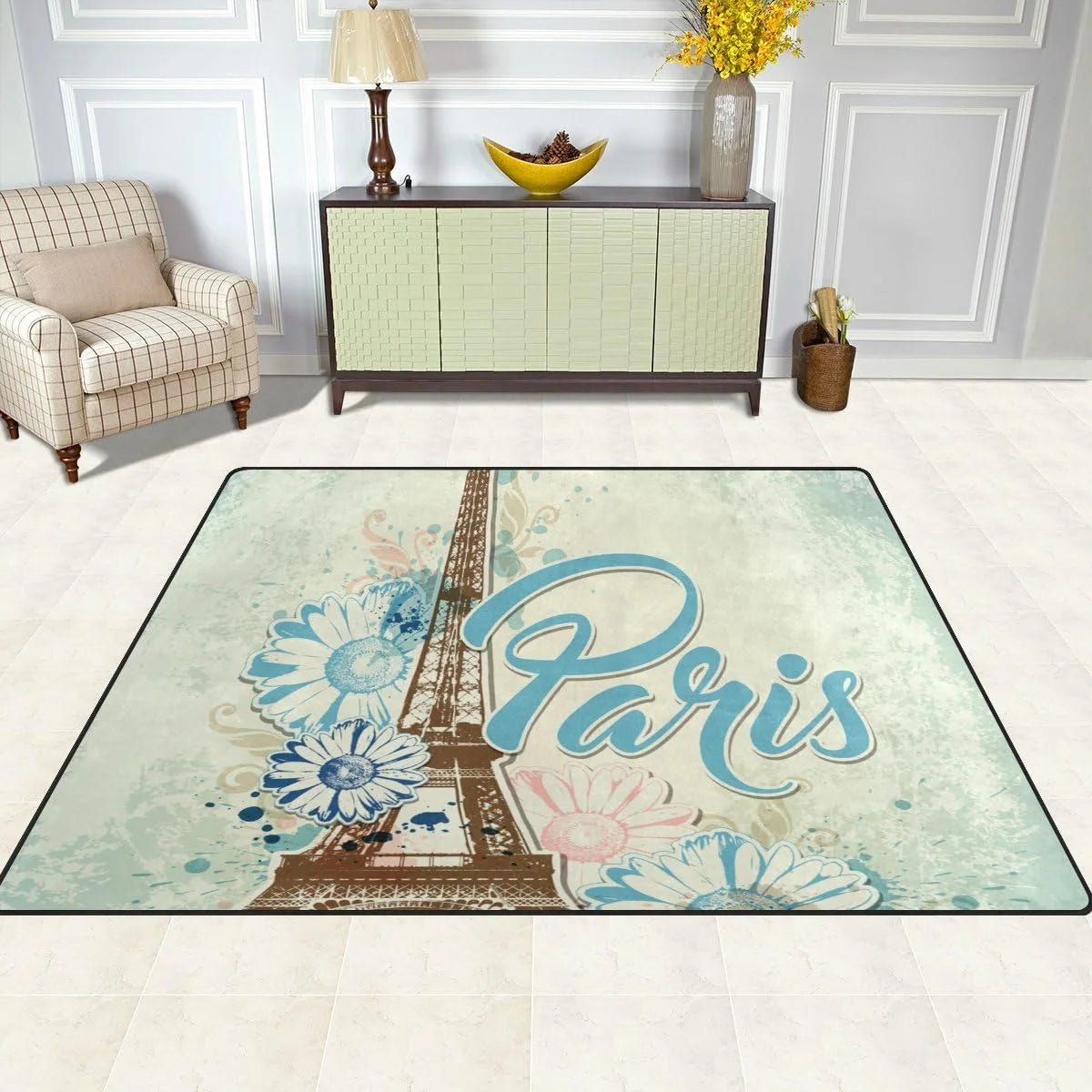 Eiffel Tower Flowers Lightweight Carpet Mats, 6'8" x 4'10" Area Soft Rugs B1589