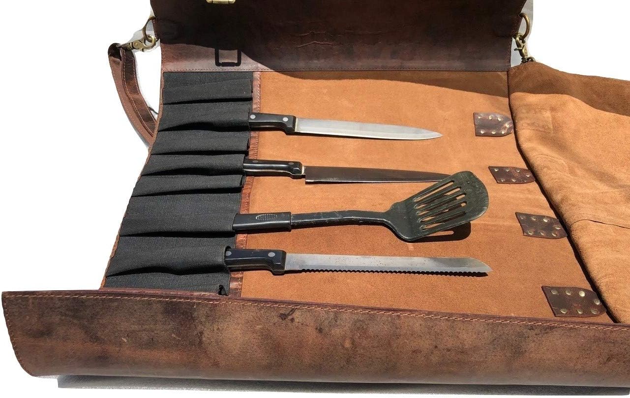 Black Buffalo Leather Knife Roll Set I989484