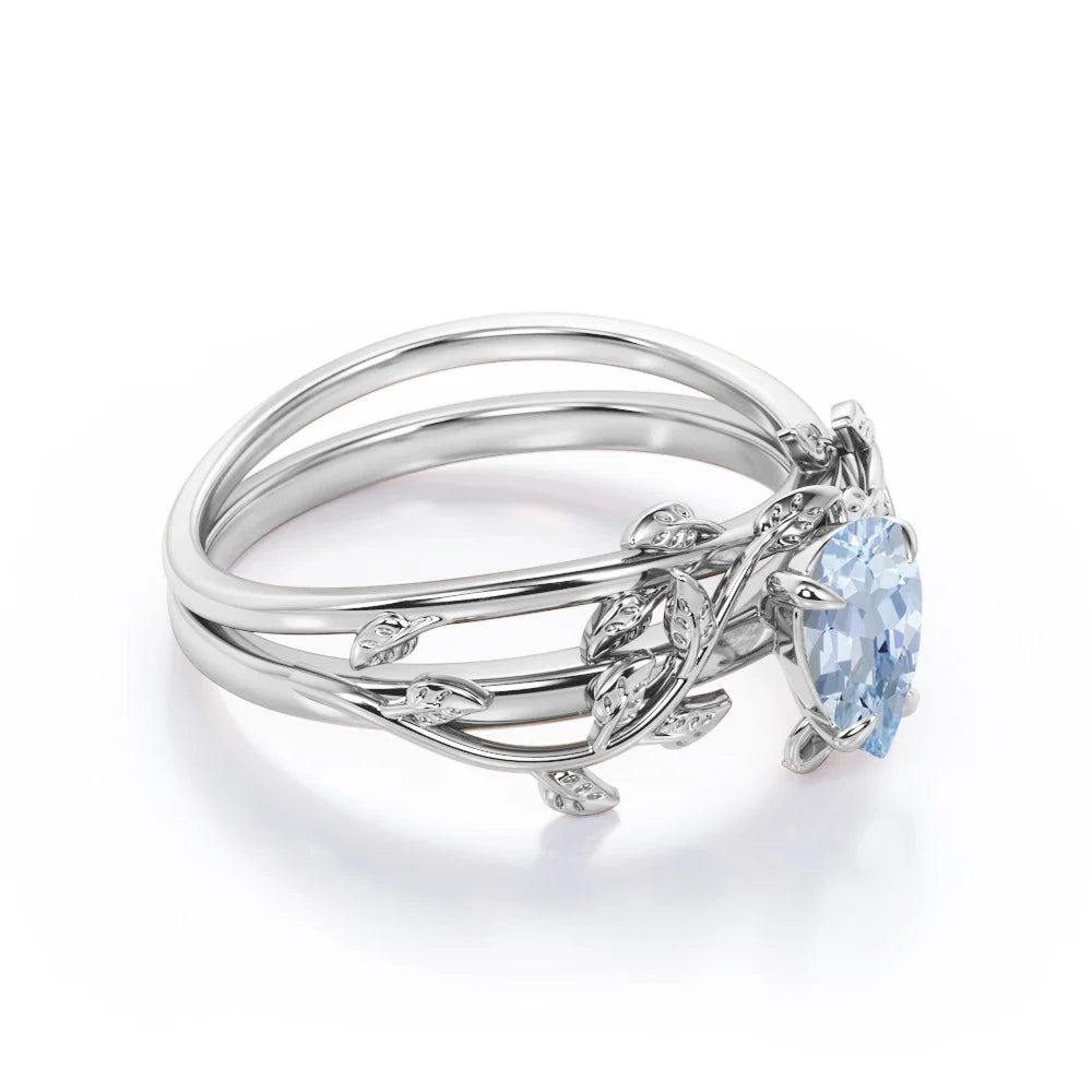 1 Carat Teardrop Created Aquamarine Bridal Ring Set in 18K White Gold Plating over Silver Q775