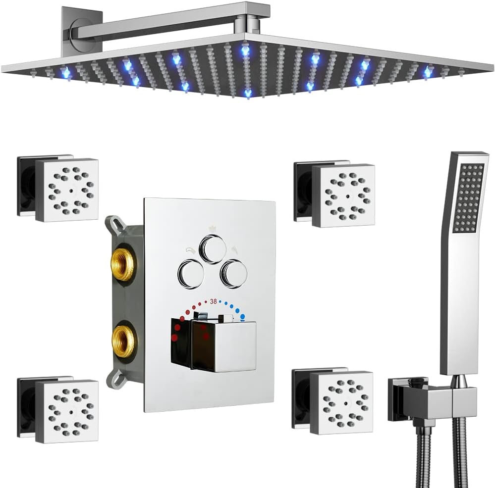 Chrome Wall Mounted LED Rain Shower System with Thermostatic Valve Combo Set W22488