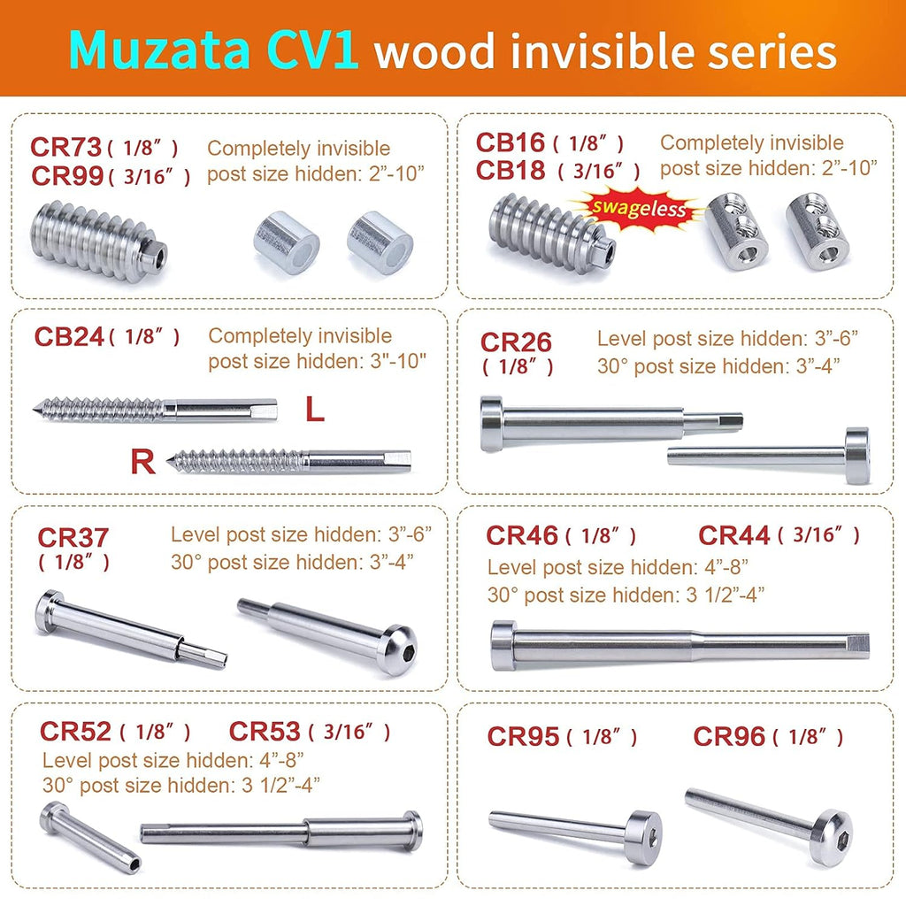 1/8 Invisible Cable Railing Kit Turnbuckle Swage Threaded Stud and Stemball Combination Pack for 2”-6” Wood & Metal Post M918