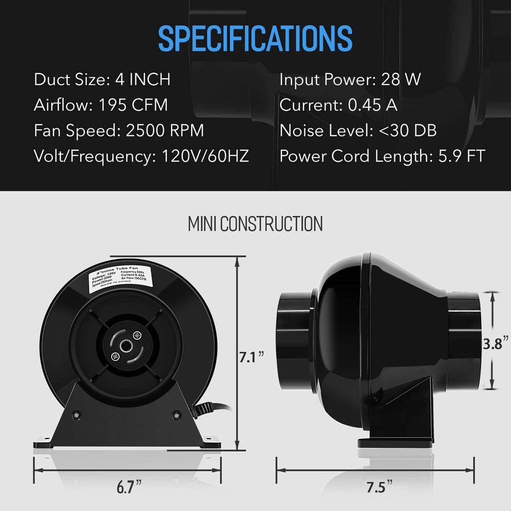 4 Inch 195 CFM Inline Vent Blower with Carbon Filter and 8 Feet Ducting Combo Q9161