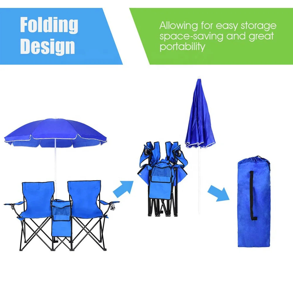 Folding Picnic Chair with Umbrella Mini Table Beverage Holder F6236