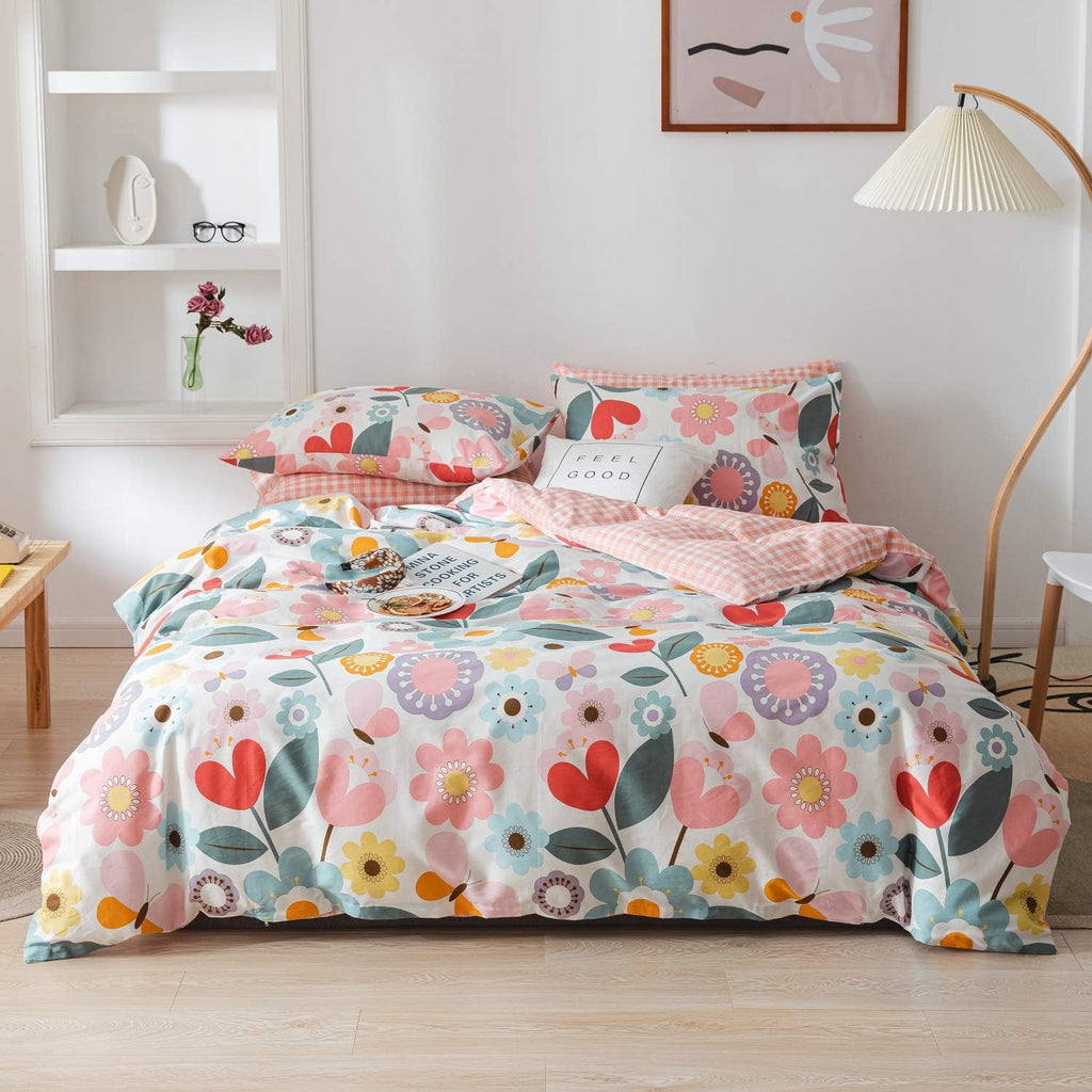 Red Floral 100% Cotton Kids Twin Duvet Cover Set with Zipper E4471
