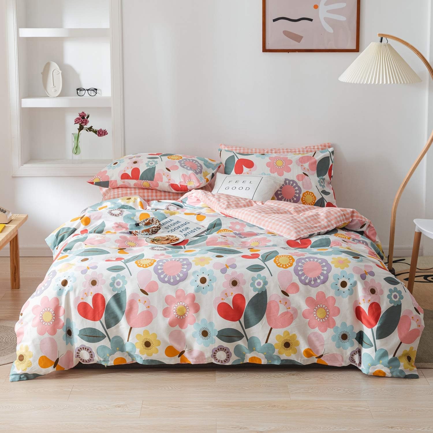 Red Floral 100% Cotton Kids Twin Duvet Cover Set with Zipper E4471