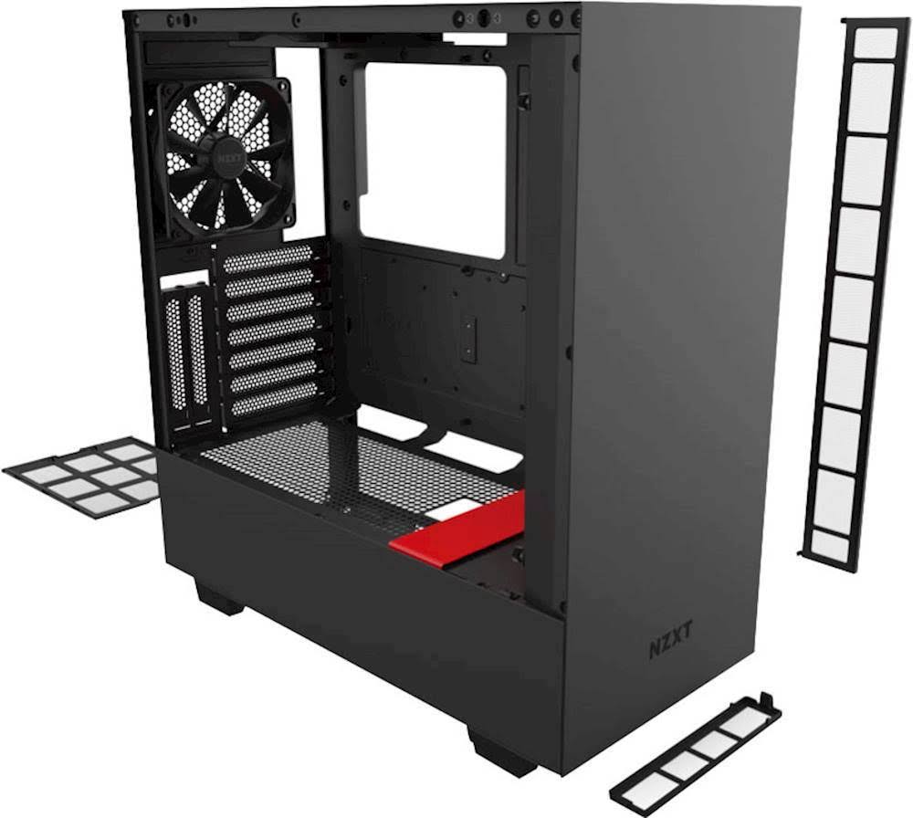 Matte Black/Red Compact Mid-Tower Case with Tempered Glass I8078