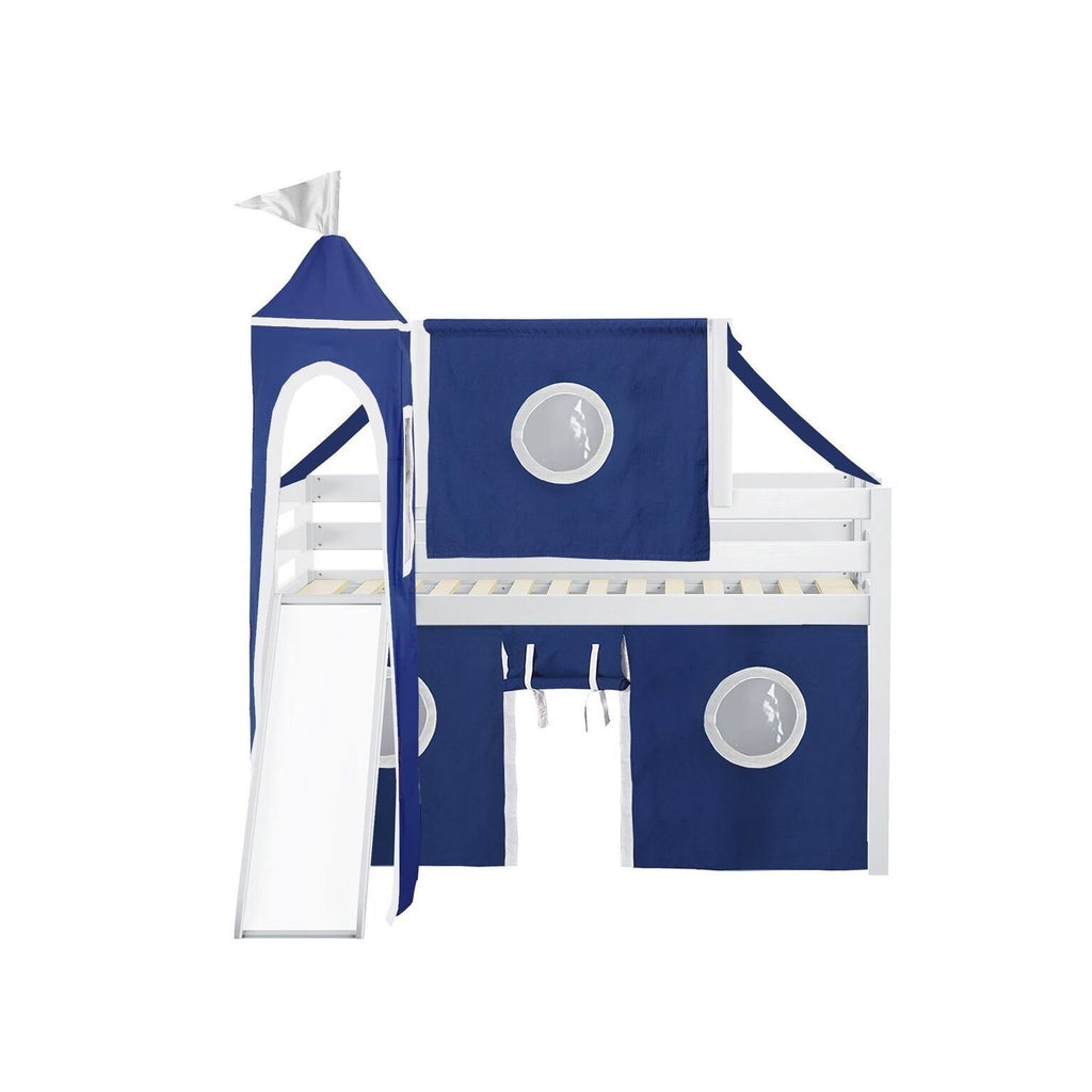White Low Loft Twin Bed with Slide and Tent F26371