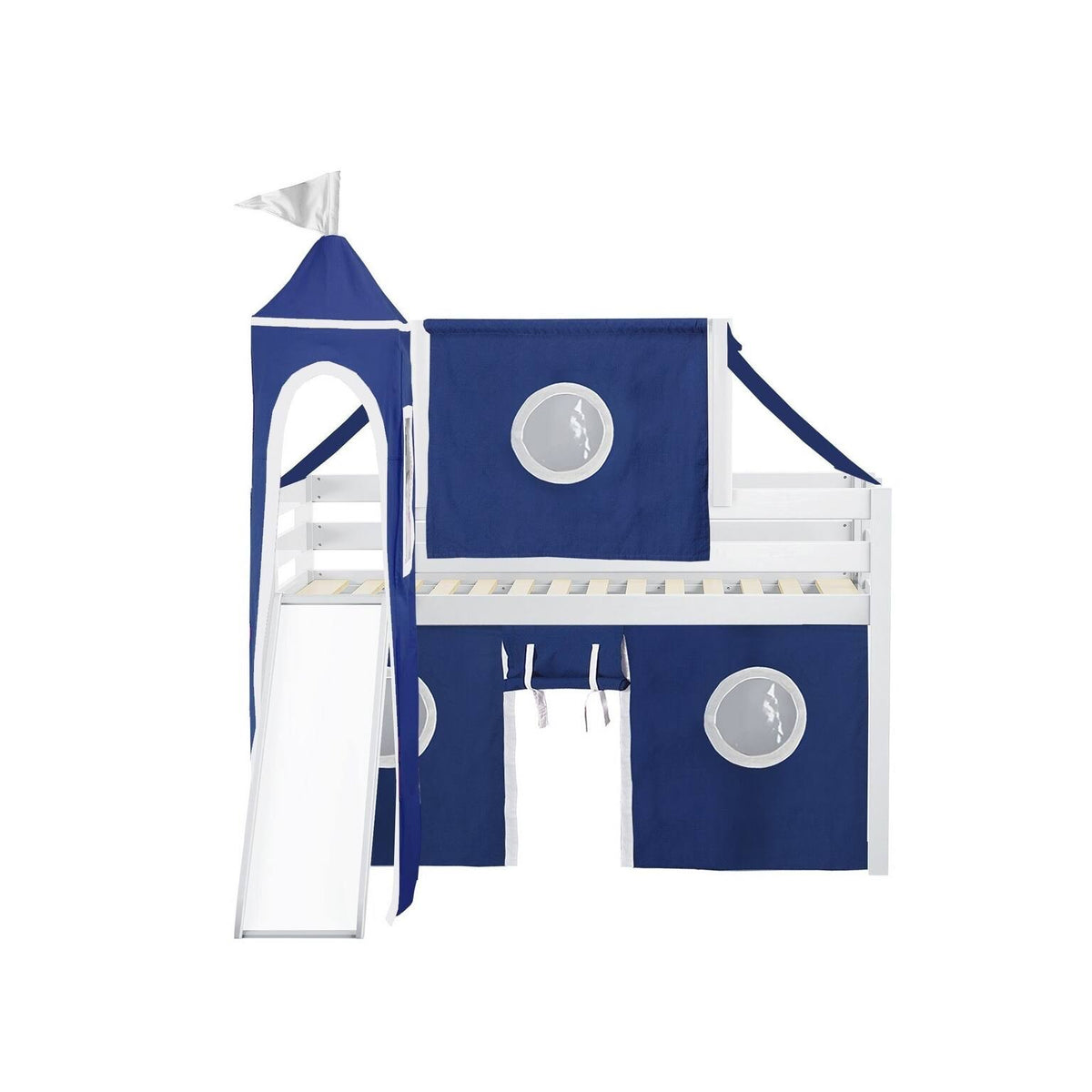 White Low Loft Twin Bed with Slide and Tent F26371