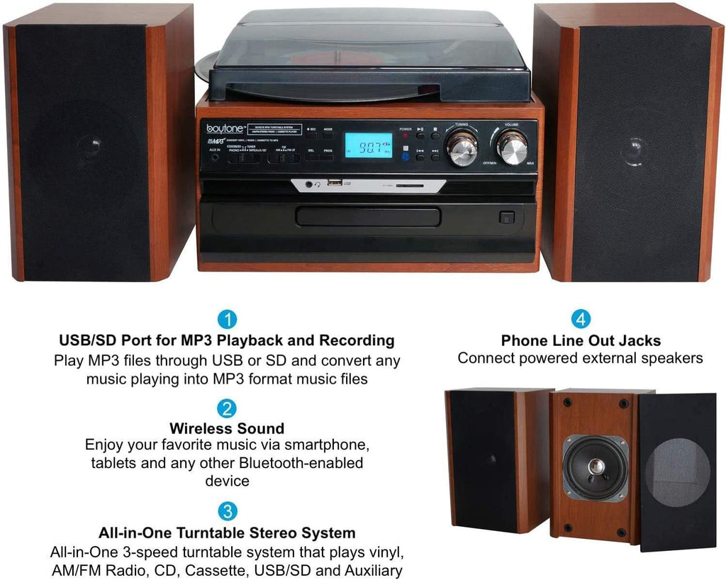 Bluetooth Record Player Turntable with AM/FM Radio, CD/Cassette Player, 2 Stereo Speakers D469