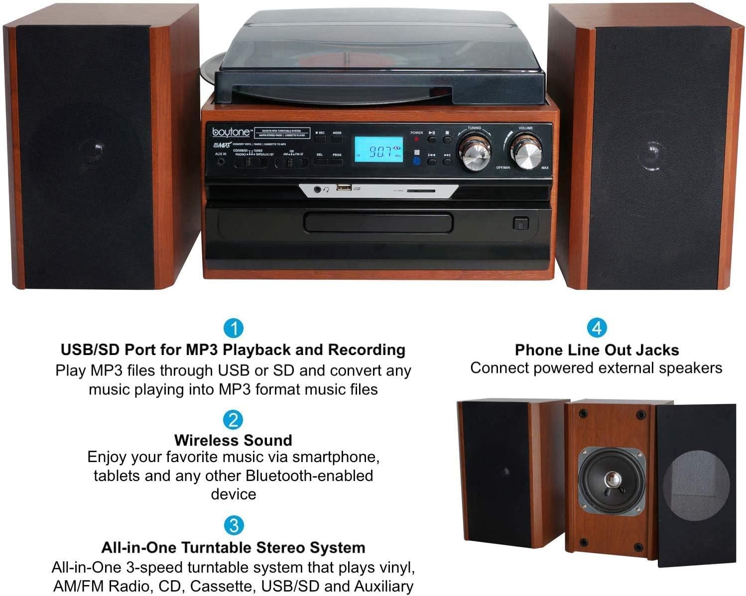 Bluetooth Record Player Turntable with AM/FM Radio, CD/Cassette Player, 2 Stereo Speakers D469