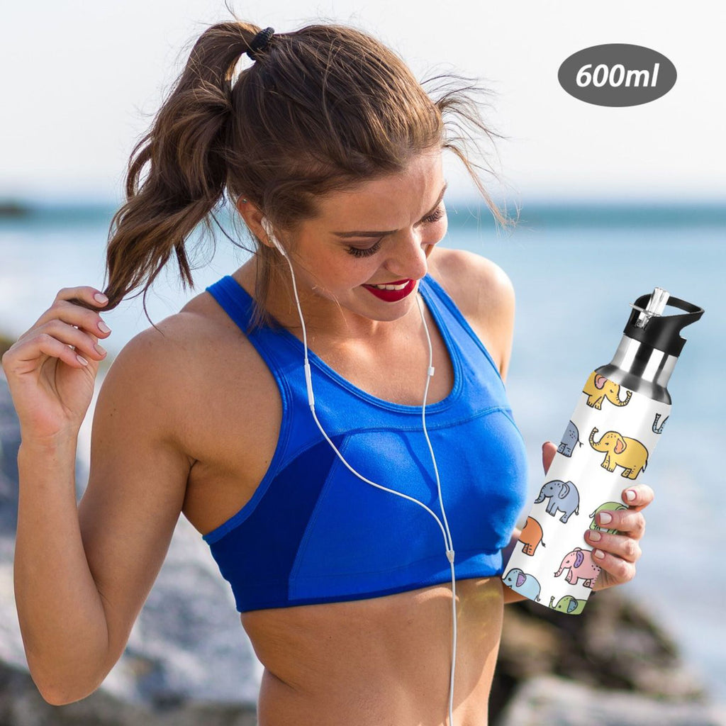 Cartoon Elephants Insulated Stainless Steel Water Bottle with Straw Lid, 20 oz O5055