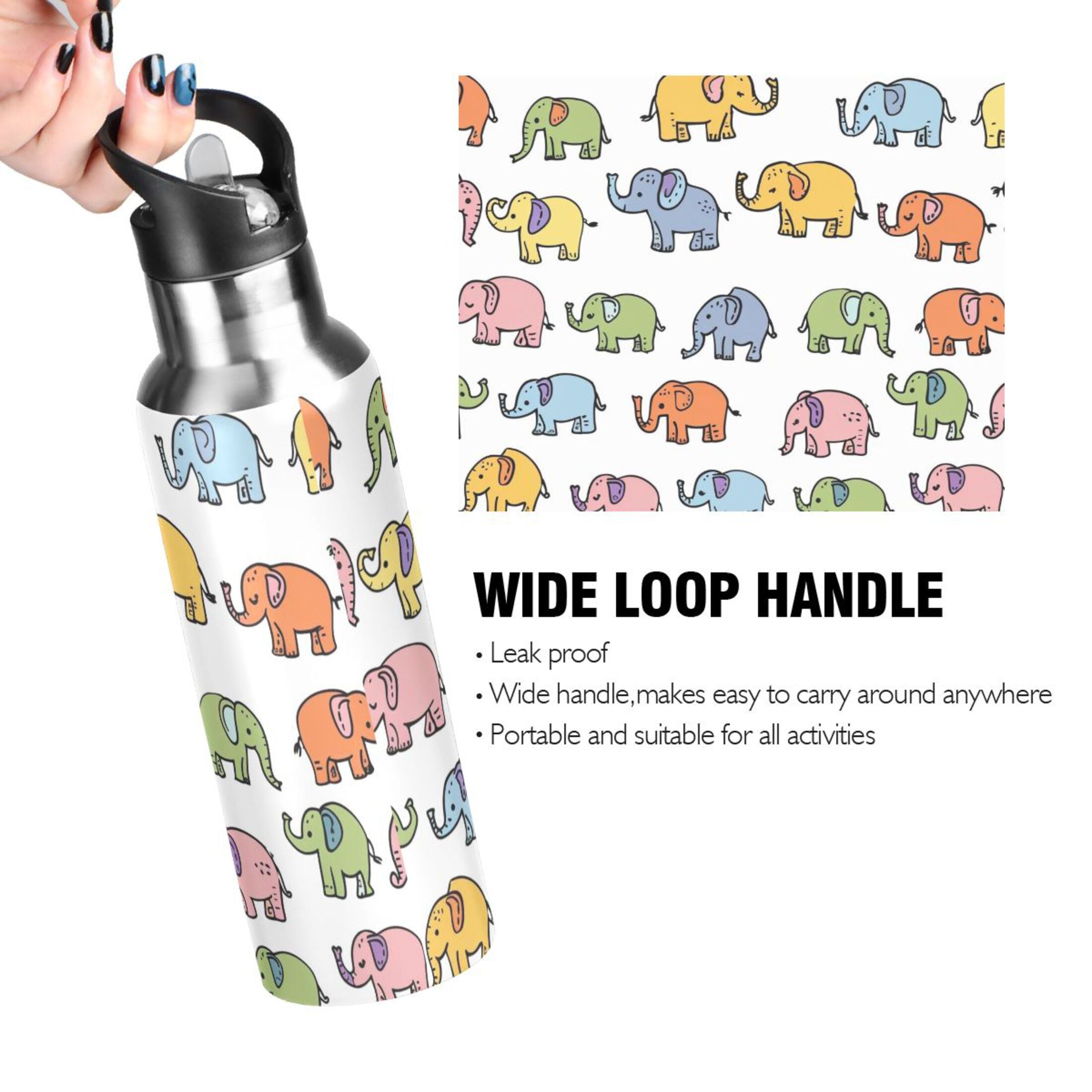 Cartoon Elephants Insulated Stainless Steel Water Bottle with Straw Lid, 20 oz O5055