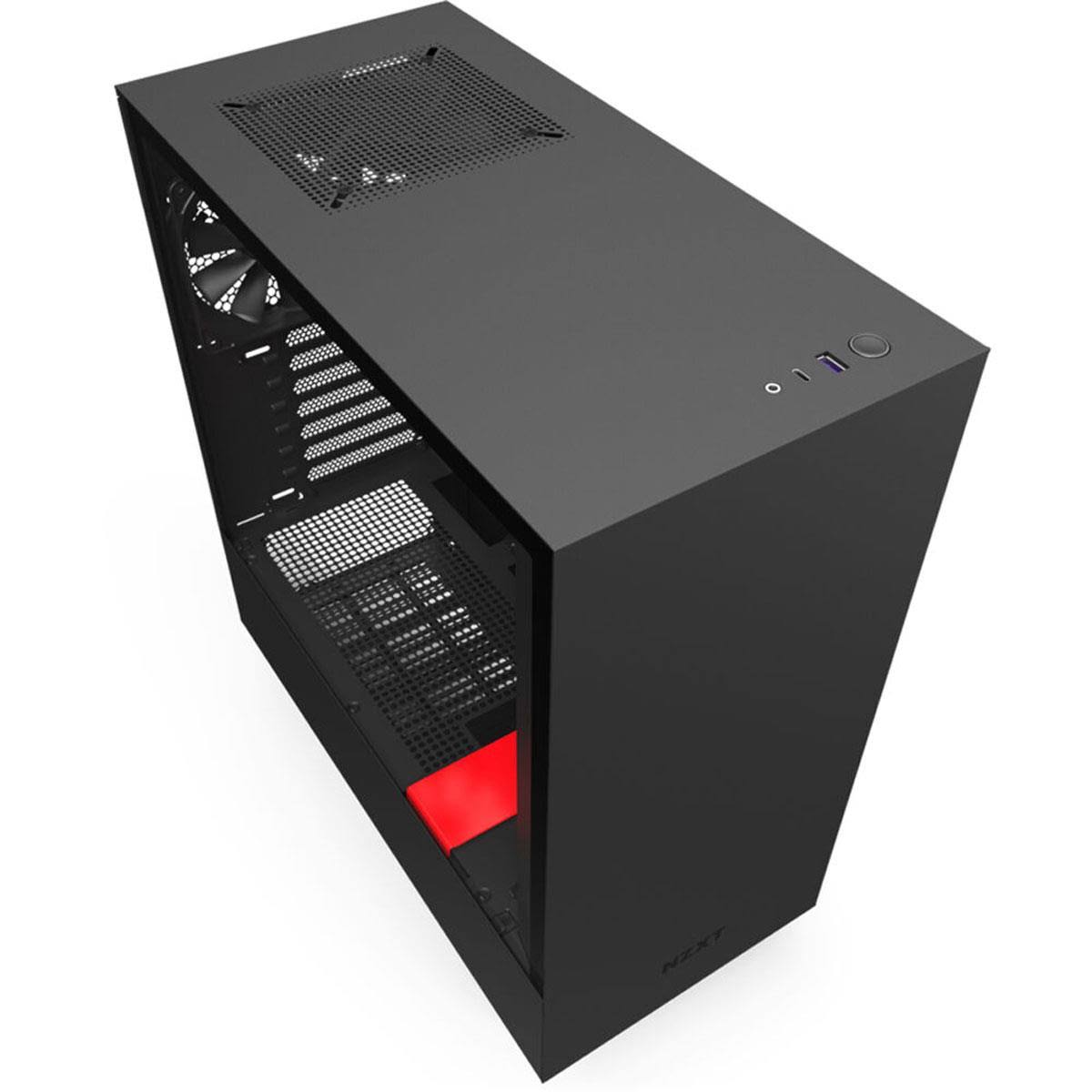 Matte Black/Red Compact Mid-Tower Case with Tempered Glass I8078