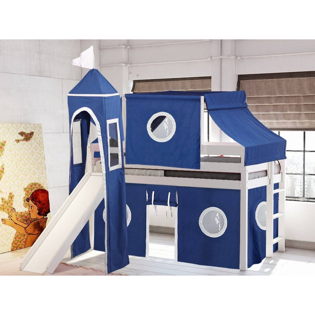 White Low Loft Twin Bed with Slide and Tent F26371