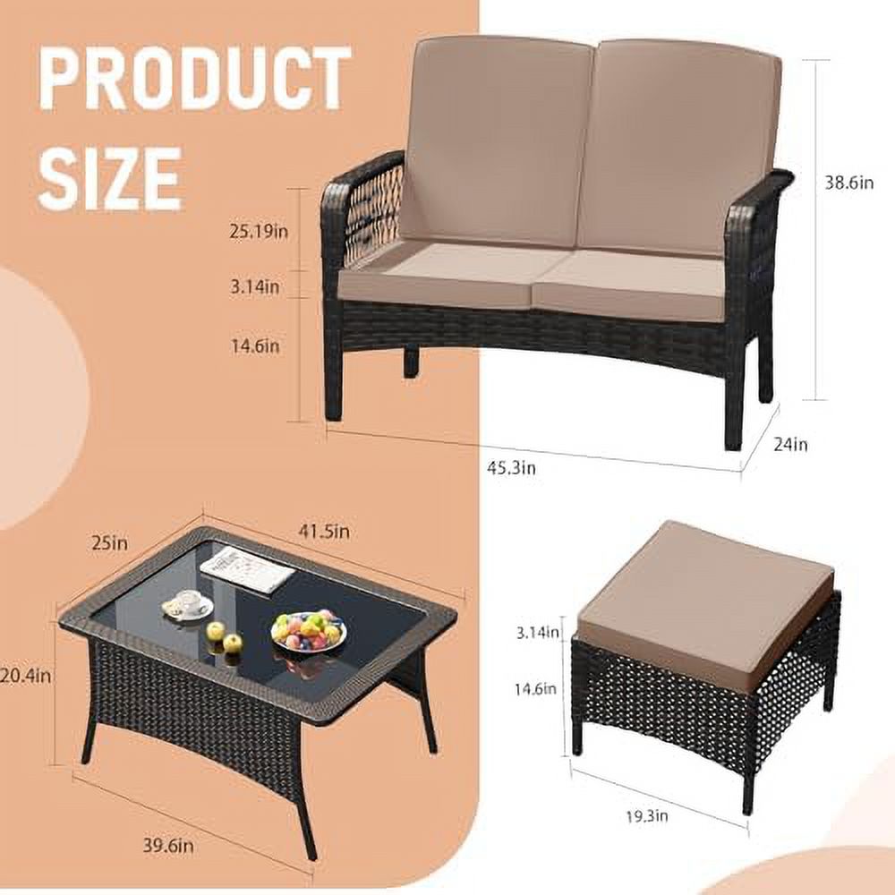 Sand 4PC Rattan Patio Conversation Set with Loveseat and Ottoman F124